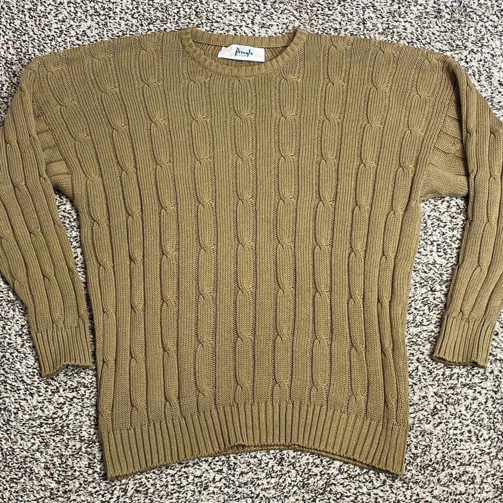 Unisex Pringle of Scotland Classic Cable Knit Crewneck Sweater Camel Tan - Picture 7 of 9